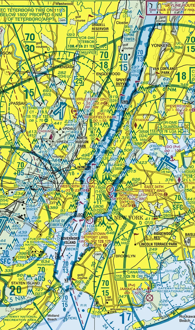 Excerpt of the FAA New York Terminal Area Chart
                      showing the Hudson River from Alpine Tower south
                      past the George Washington Bridge, Intrepid,
                      Clock, Statue of Liberty and Governors Island to
                      the Verrazzano-Narrows Bridge, with SFRA
                      reporting points, CTAF notations and Class B
                      floors.