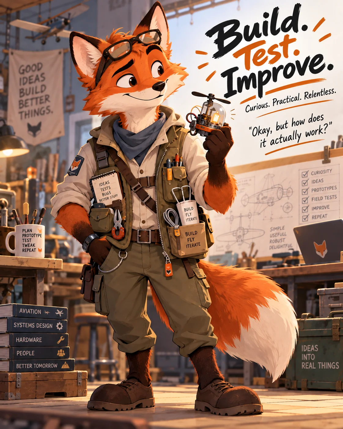 Cartoon fox in a cluttered workshop, wearing a utility
                  vest and tool belt with glasses pushed up on its head,
                  holding a small home-built flying machine. Posters
                  behind it read &lsquo;Build. Test. Improve.&rsquo; and
                  &lsquo;Good ideas build better things.&rsquo;