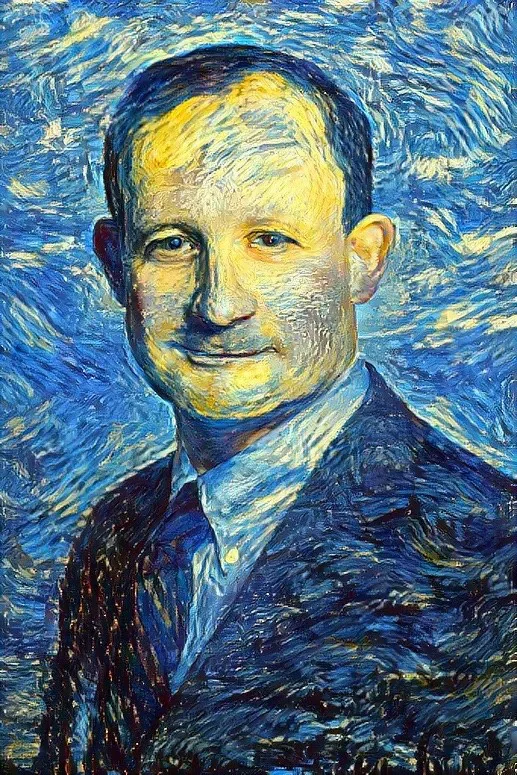Portrait of Scott Germaise reinterpreted in the
                    swirling blue brushstroke style of Van Gogh&rsquo;s
                    The Starry Night.