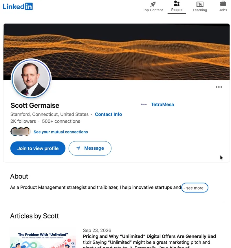 The top of Scott Germaise&rsquo;s LinkedIn profile:
                      cover banner, profile photo, name, professional
                      headline, and the start of the summary.