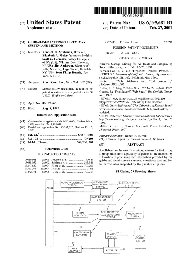 Cover page of U.S. Patent 6,195,681 B1, &lsquo;Guide-Based
                      Internet Directory System and Method,&rsquo; naming Scott
                      C. Germaise among the inventors, with its abstract and
                      system diagram.