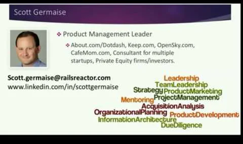 Opening slide of Scott Germaise&rsquo;s recorded talk:
                        a headshot labelled &lsquo;Product Management
                        Leader&rsquo; beside a word cloud of leadership and
                        product terms.
