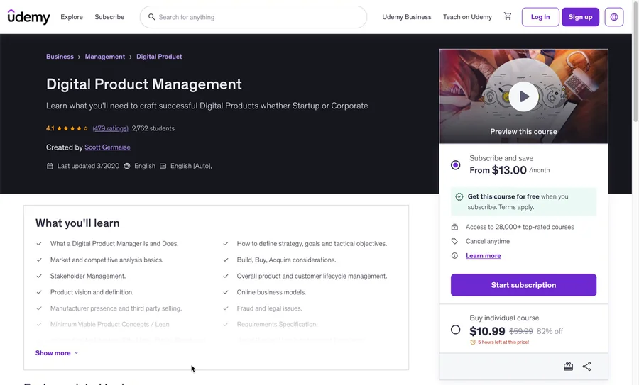 The Udemy course page for &lsquo;Digital Product
                            Management,&rsquo; created by Scott Germaise, showing
                            its rating, student count, and course preview card.