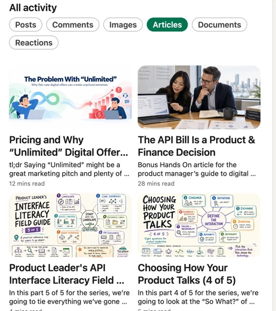 A grid of Scott Germaise&rsquo;s LinkedIn articles under
                        the &lsquo;Articles&rsquo; tab, each with a cover image,
                        title, and read time.